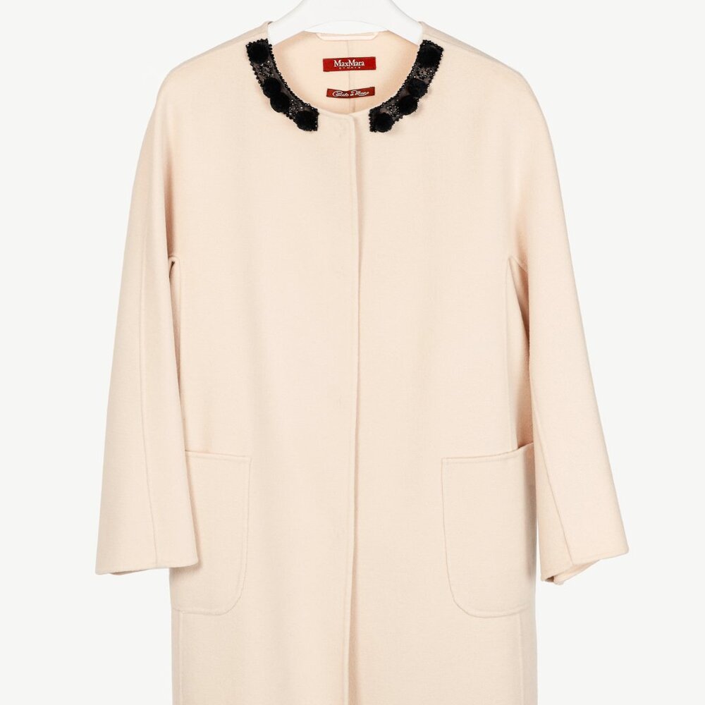 Max Mara Studio Beige Wool Embellished-Neck Coat